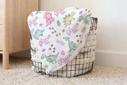 Personalized Girl dinosaur blanket, Pink dinosaur nursery bedding - Pink Jurassic