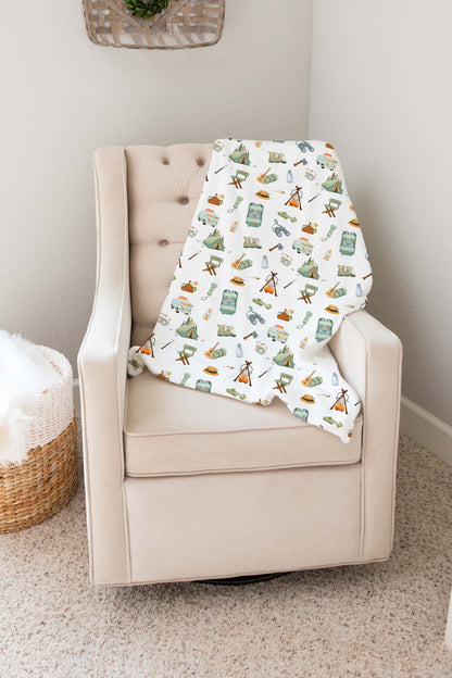 Camping baby blanket, Explorer nursery bedding - Outdoor adventures