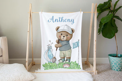 Personalized Golf Bear baby blanket, Sports Crib bedding - Little Golfer