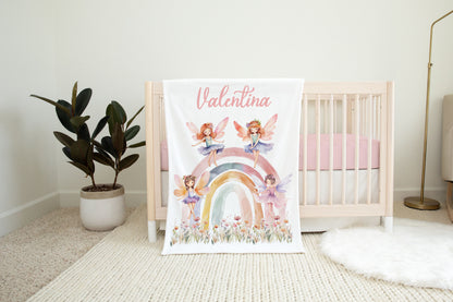 Personalized Fairy blanket, Rainbow fairies nursery bedding - Fairy garden