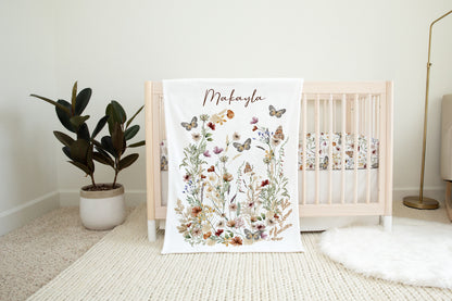 Personalized Wildflowers blanket, Wildflower nursery bedding - Butterfly garden