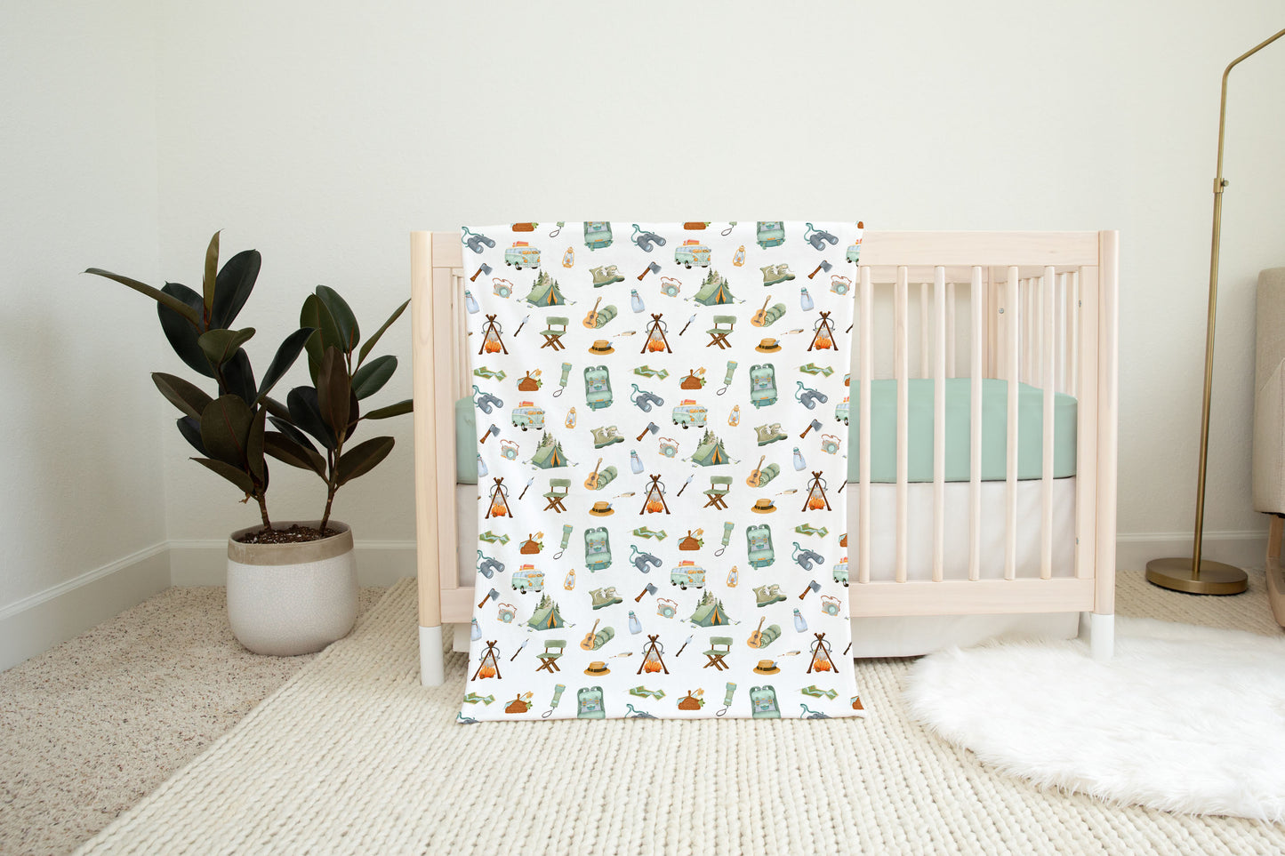 Camping baby blanket, Explorer nursery bedding - Outdoor adventures