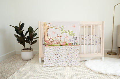 Personalized Woodland Girl Blanket, Floral Forest Animals Nursery Bedding - Baby Woodland