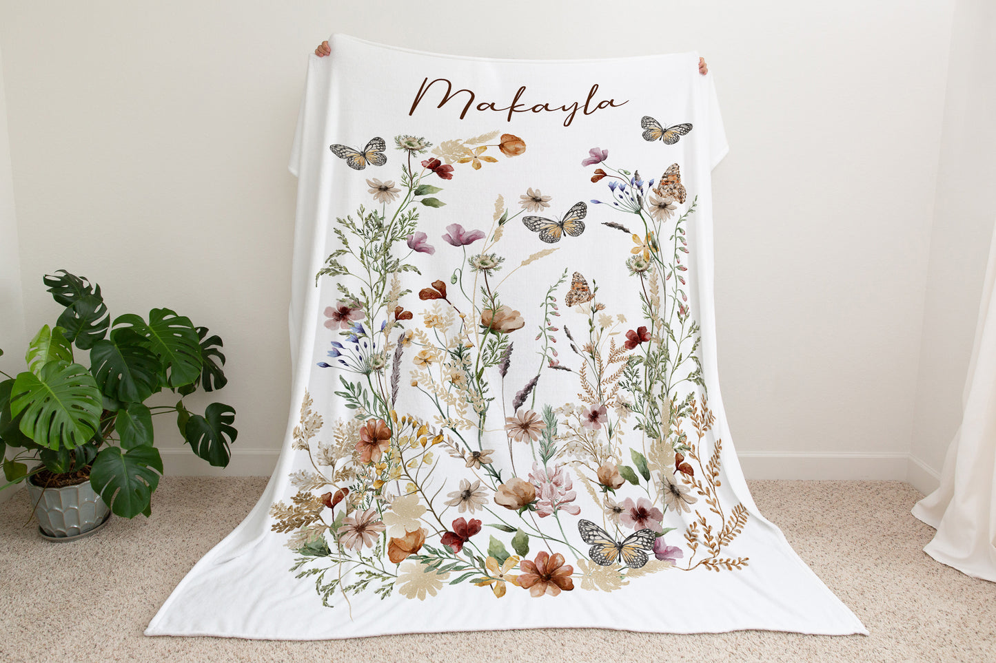 Personalized Wildflowers blanket, Wildflower nursery bedding - Butterfly garden