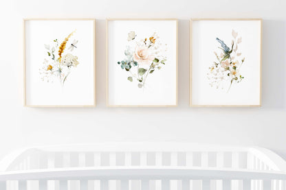 Wildflowers Wall Art, Floral Nursery Prints set of 3 - Vintage Garden