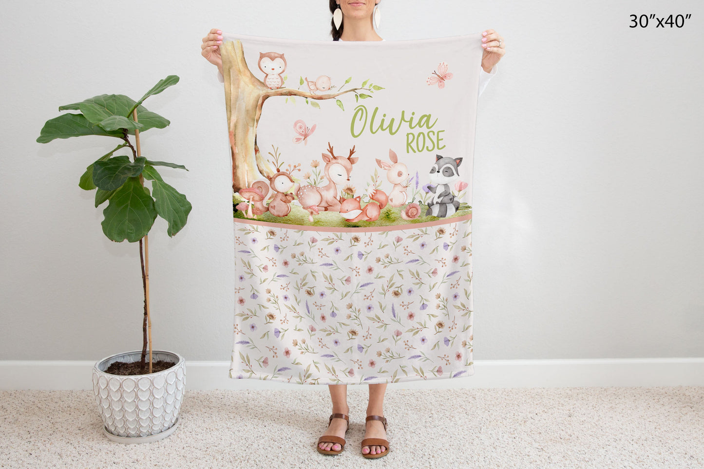 Personalized Woodland Girl Blanket, Floral Forest Animals Nursery Bedding - Baby Woodland