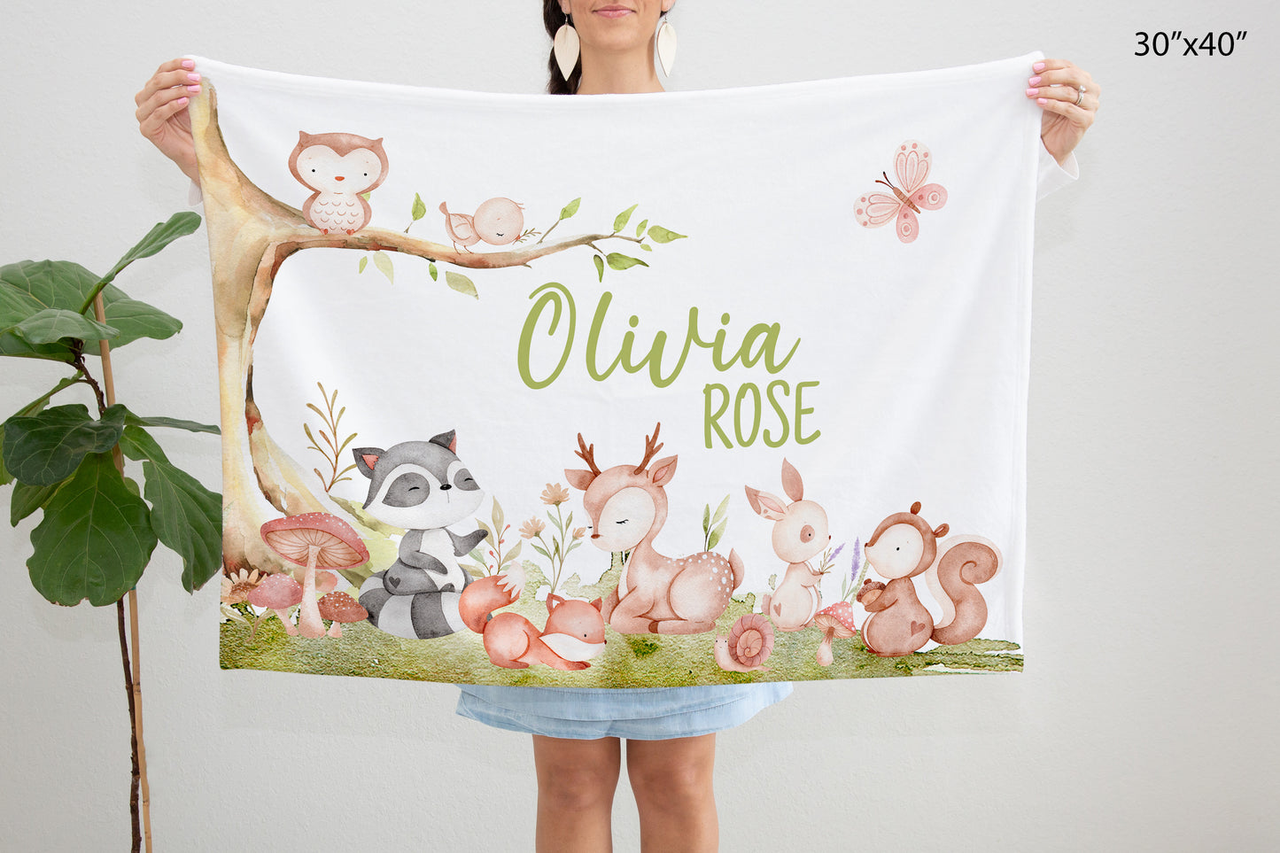 Personalized woodland animals baby blanket, Forest Nursery bedding - Baby Woodland