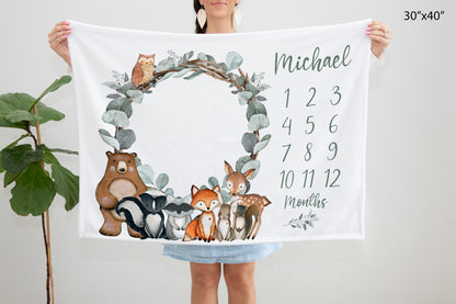 Personalized Woodland animals milestone blanket | Forest milestone blanket - Greenery Woodland