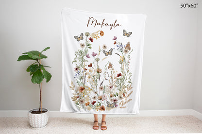 Personalized Wildflowers blanket, Wildflower nursery bedding - Butterfly garden