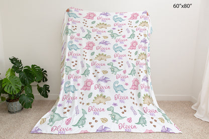 Personalized Girl dinosaur blanket, Pink dinosaur nursery bedding - Pink Jurassic