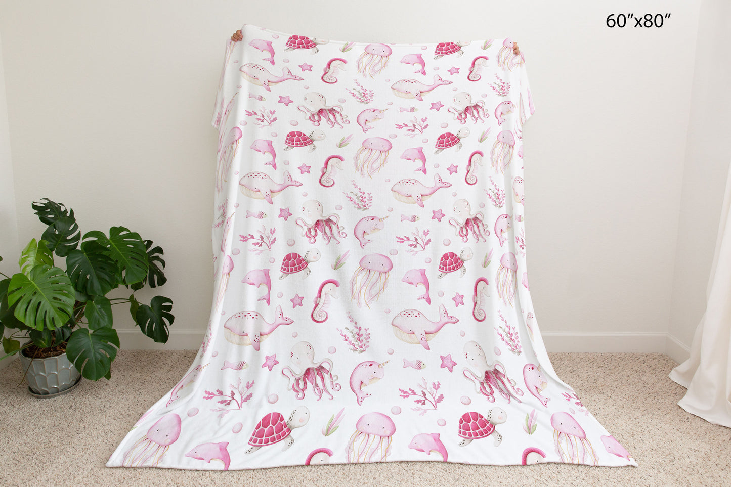 Pink under the sea blanket, Ocean animals girl blanket - Pink Ocean