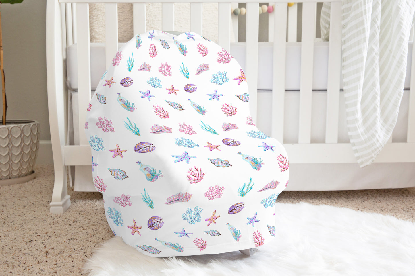 Shells Car Seat Cover, Under the sea nursing cover - Pink Mermaid