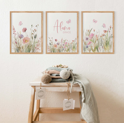 Personalized name Wildflowers Wall Art, Boho floral Nursery Decor Set of 3 Unframed Prints