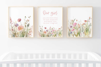 Wildflowers Wall Art, Boho floral Nursery Decor Set of 3 Unframed Prints