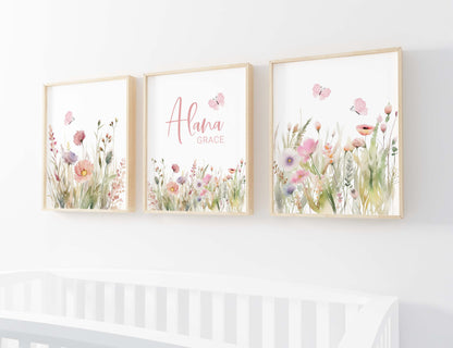 Personalized name Wildflowers Wall Art, Boho floral Nursery Decor Set of 3 Unframed Prints