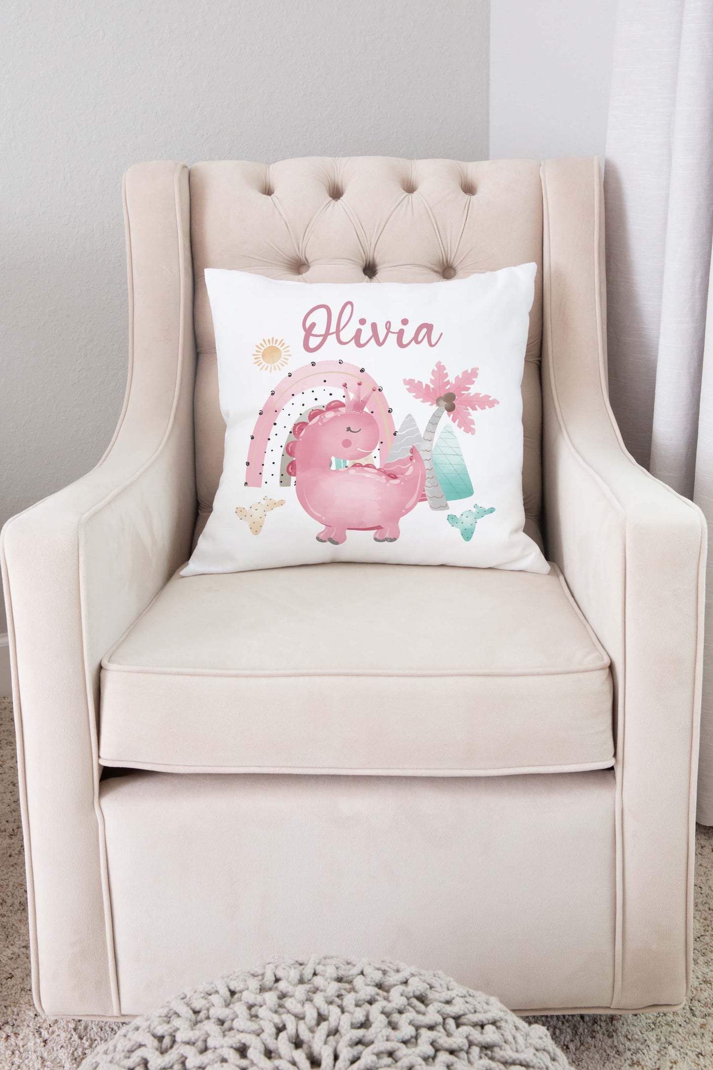 Pink Dinosaur Personalized Pillow, Dinosaur Nursery Decor - Pink Dinosaur