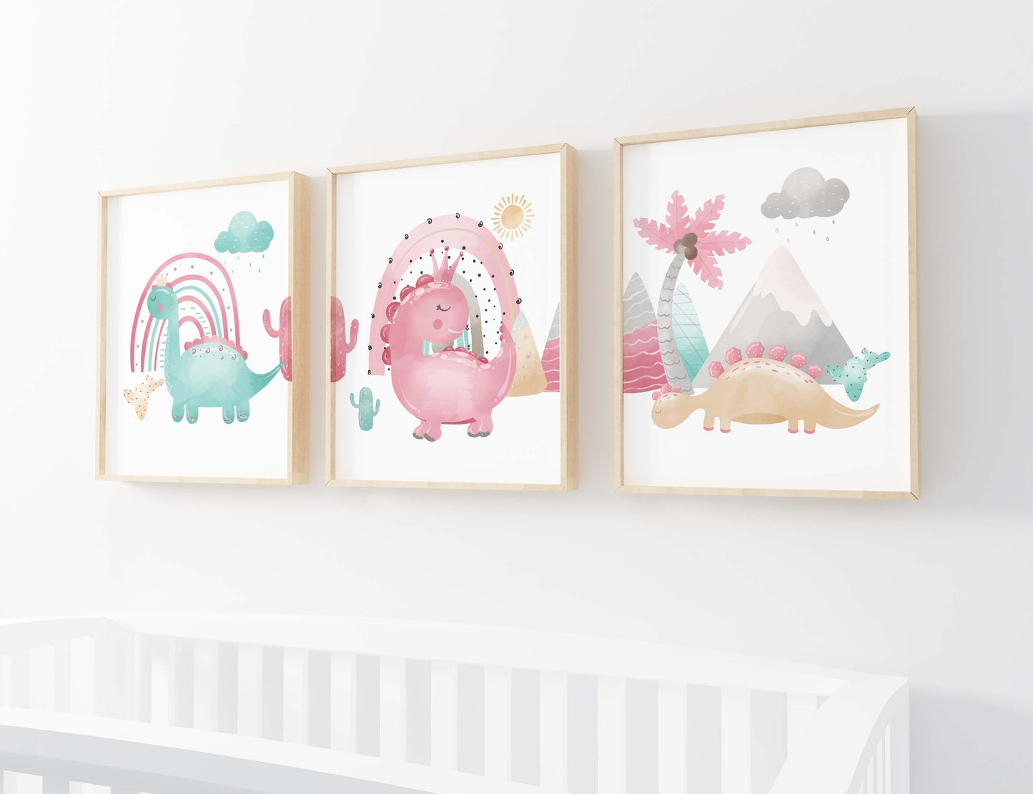 Pink Dinosaur Wall Art, Dinosaur Nursery Prints set of 3 - Pink Dinosaur