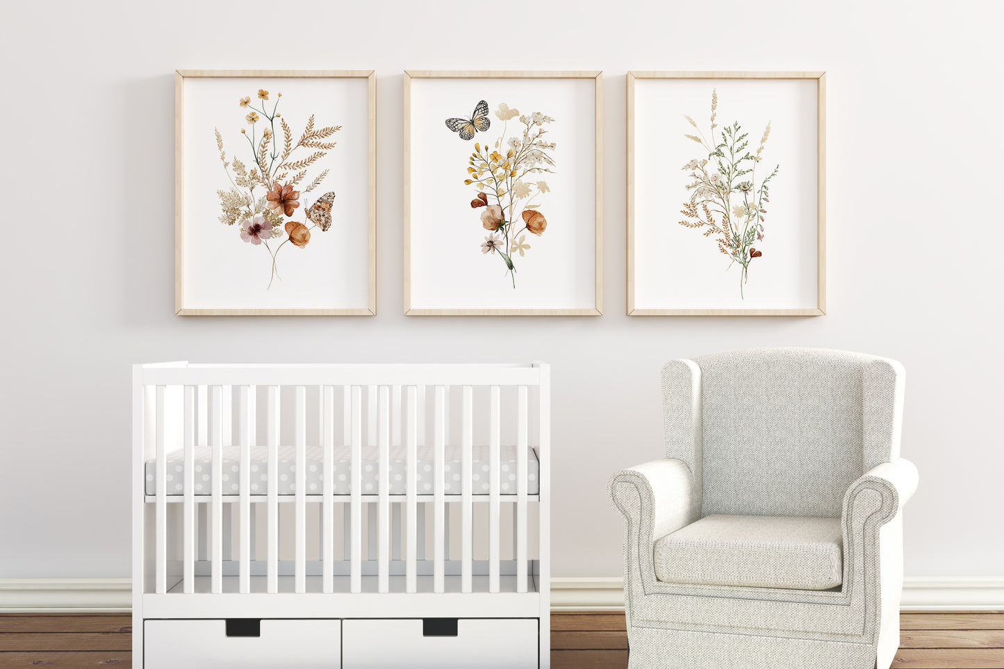 Wildflower Wall Art, Vintage floral Nursery Prints set of 3 - Butterfly Garden