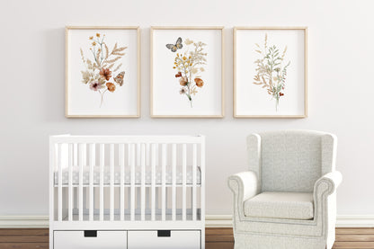 Wildflower Wall Art, Vintage floral Nursery Prints set of 3 - Butterfly Garden