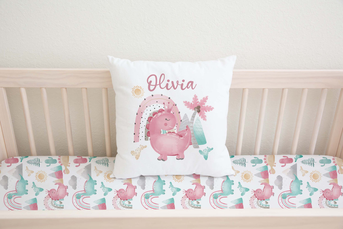 Pink Dinosaur Personalized Pillow, Dinosaur Nursery Decor - Pink Dinosaur