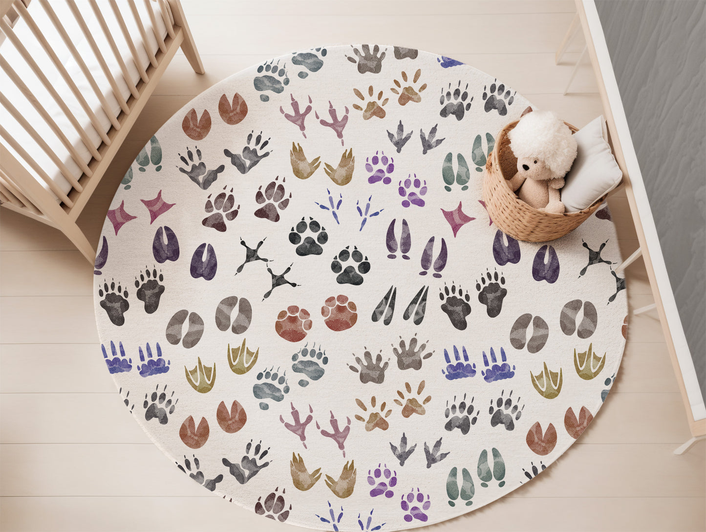 Watercolor animal tracks rug, Woodland nursery decor - Pink Forest