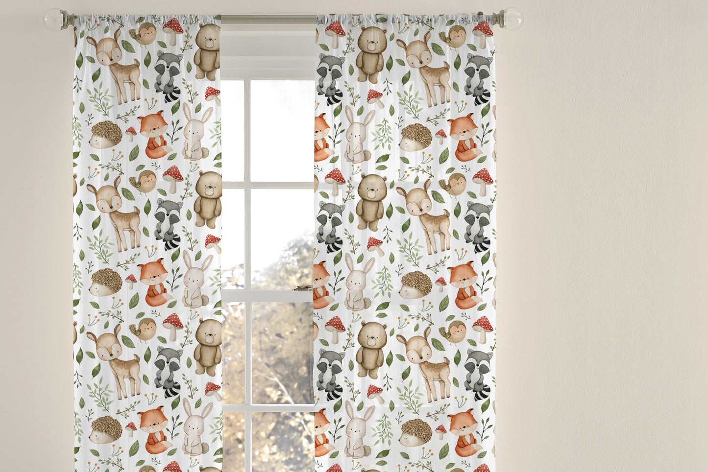 Woodland sheer curtain single panel, Forest nursery decor - Magical Forest