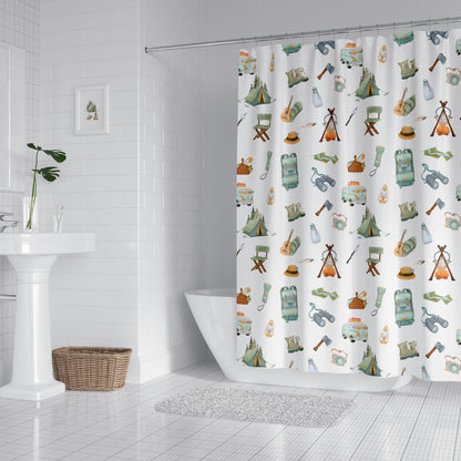 Camping shower curtain, Explorer bathroom decor - Outdoor Adventures