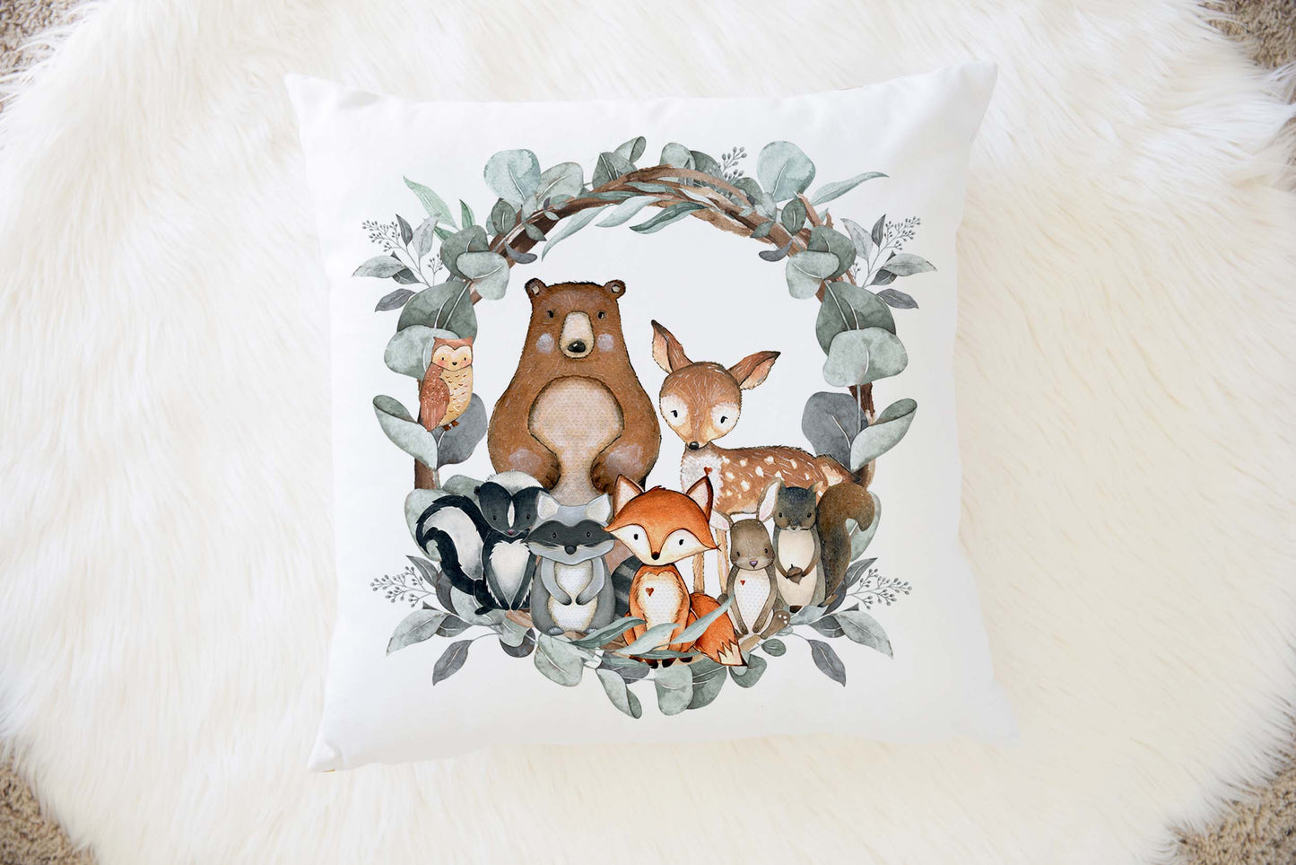 Woodland animals pillow cover, Forest nursery dercor - Greenery Woodland