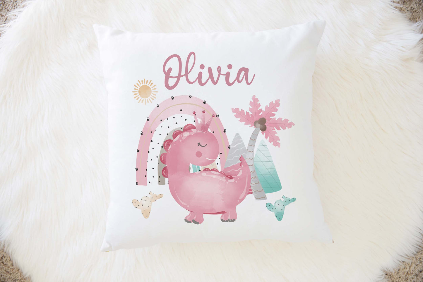 Pink Dinosaur Personalized Pillow, Dinosaur Nursery Decor - Pink Dinosaur