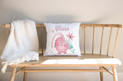 Pink Dinosaur Personalized Pillow, Dinosaur Nursery Decor - Pink Dinosaur