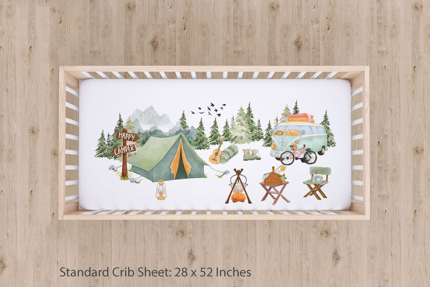 Happy camper crib sheet, Camping nursery bedding - Outdoor Adventures