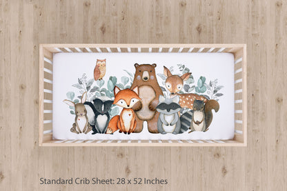 Safari animals crib sheet, Forest nursery bedding - Greenery Woodland