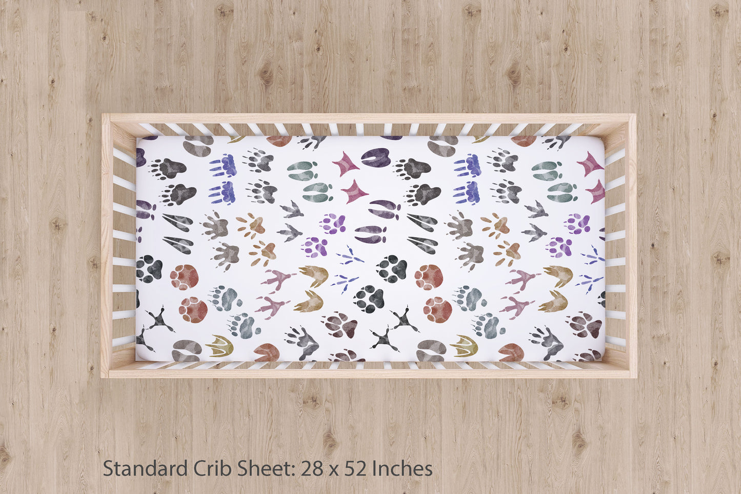 Animal tracks crib sheet, Woodland nursery bedding - Pink Forest