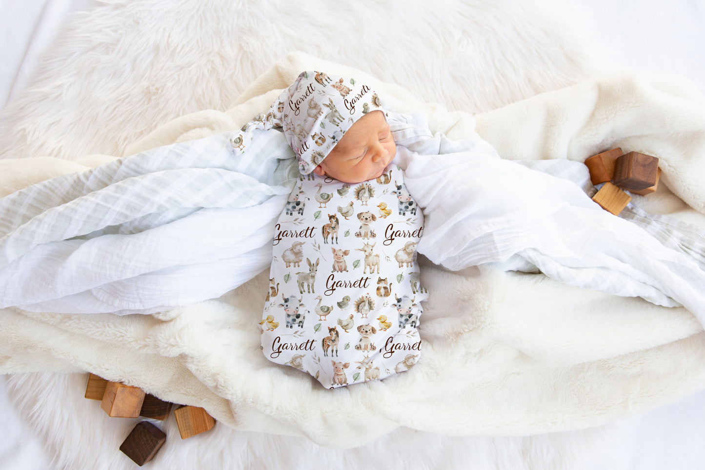 Farm animals Swaddle Set, Personalized Farm Swaddle - Happy Ranch