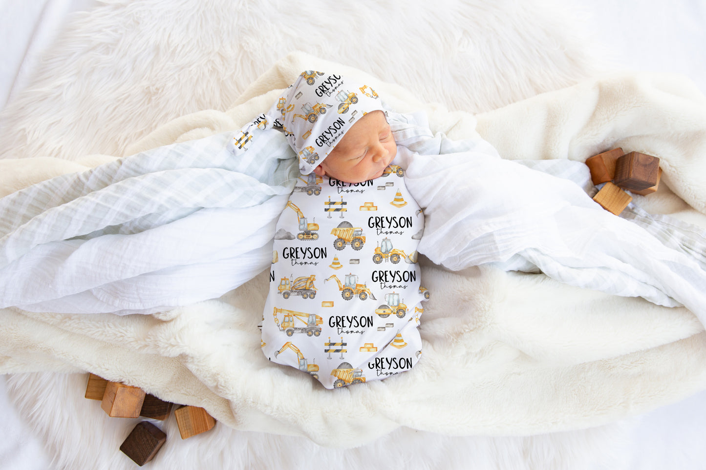 Personalized Construction Swaddle Set, Custom Blanket Baby Name - Under construction