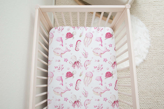 Pink Under the sea Crib Sheet, Ocean animals Nursery Bedding- Pink Ocean