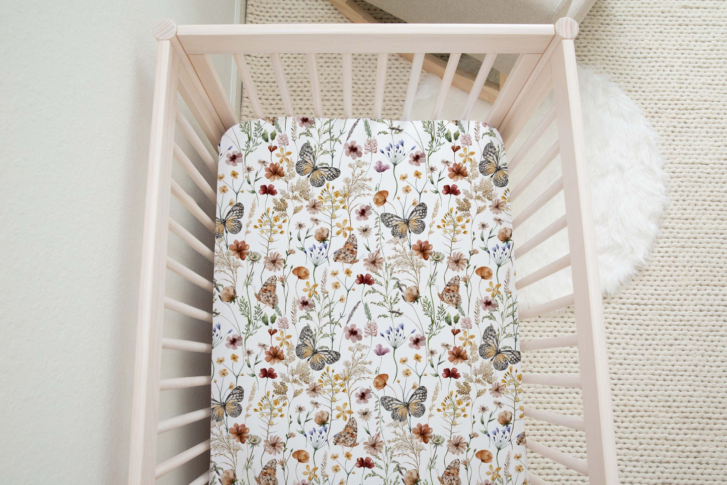 Boho floral Crib Sheet, Wildflower Nursery Bedding - Butterfly garden