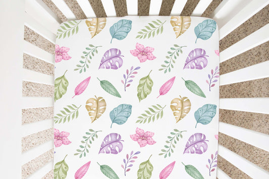 Tropical leaves crib sheet, Girl dinosaur nursery bedding - Pink Jurassic