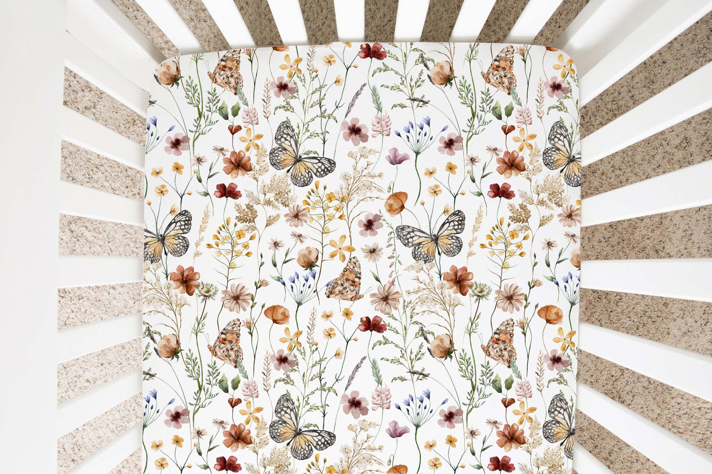 Boho floral Crib Sheet, Wildflower Nursery Bedding - Butterfly garden