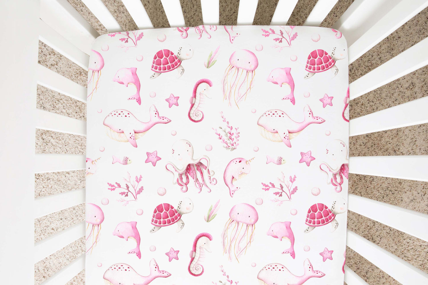 Pink Under the sea Crib Sheet, Ocean animals Nursery Bedding- Pink Ocean