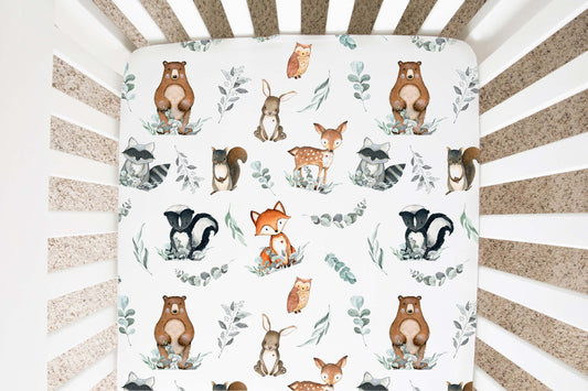 Woodland animals crib sheet Crib Sheet, Woodland nursery bedding - Greenery Woodland