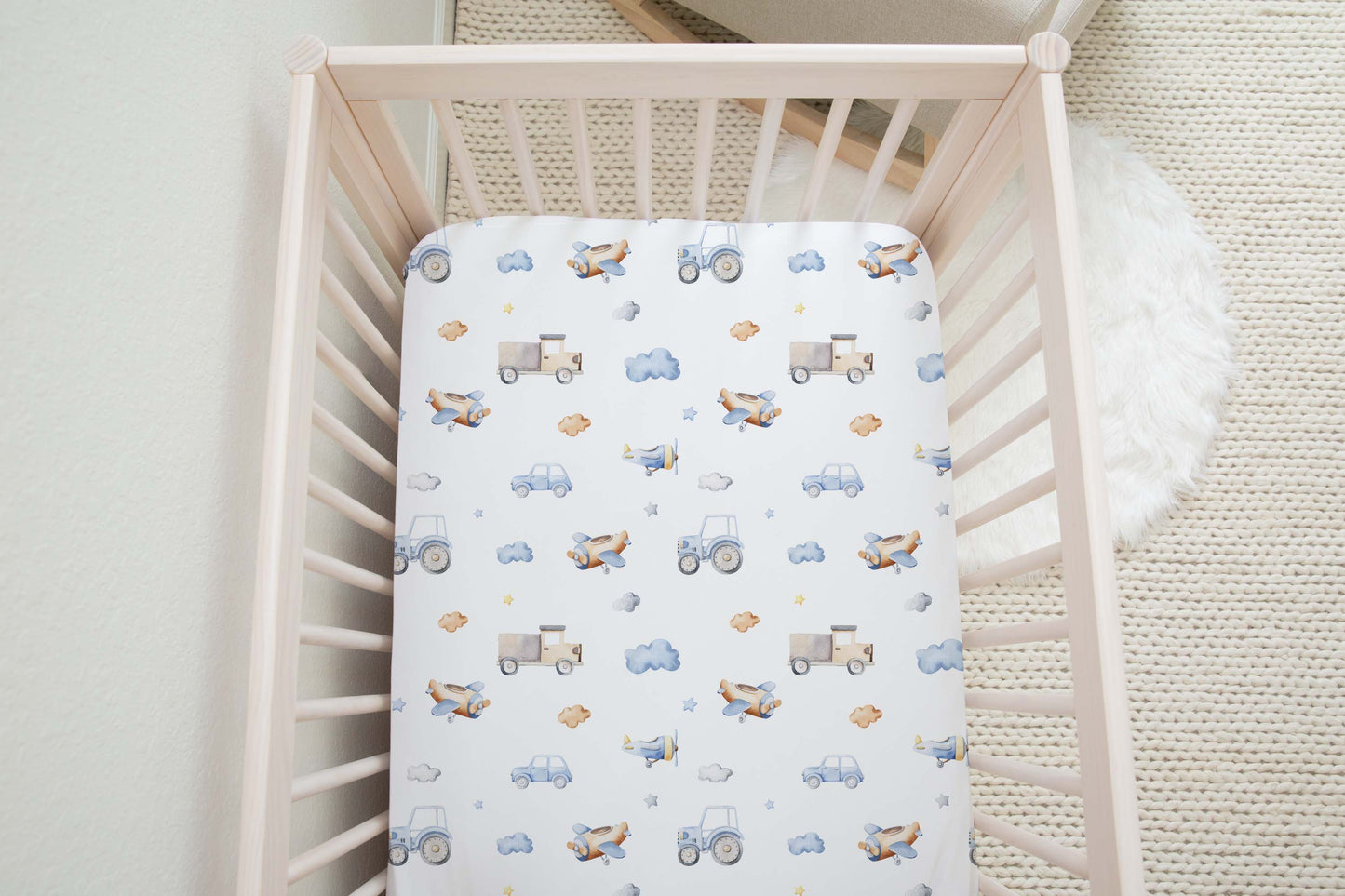 Transportation crib sheet, Vehicles nursery bedding - Blue Transportation