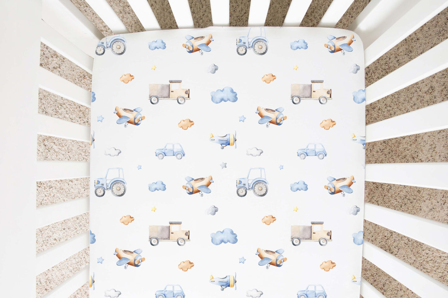 Transportation crib sheet, Vehicles nursery bedding - Blue Transportation