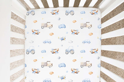 Transportation crib sheet, Vehicles nursery bedding - Blue Transportation