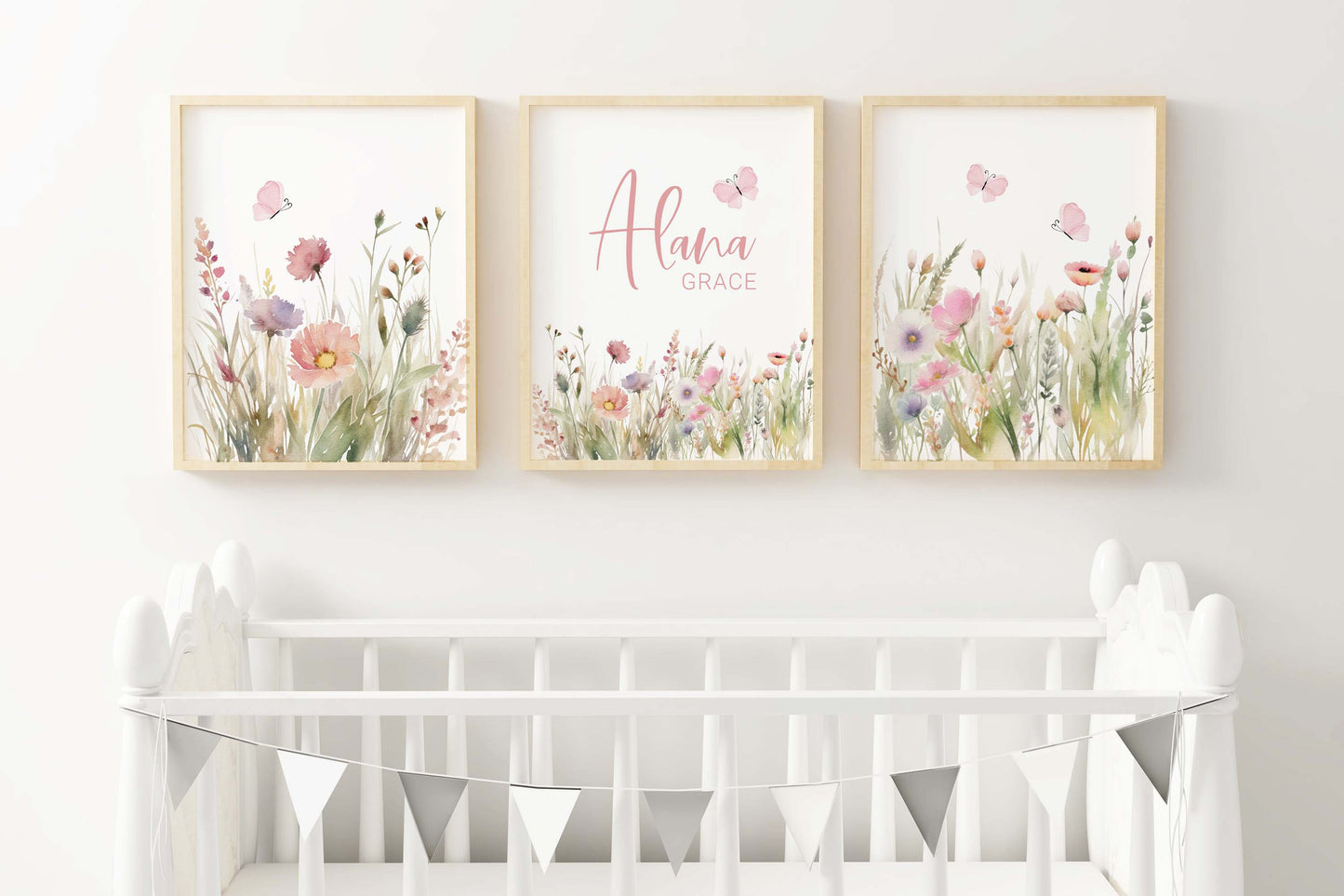 Personalized name Wildflowers Wall Art, Boho floral Nursery Decor Set of 3 Unframed Prints