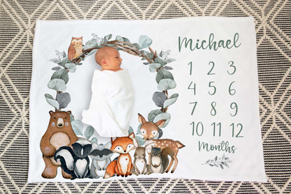 Personalized Woodland animals milestone blanket | Forest milestone blanket - Greenery Woodland