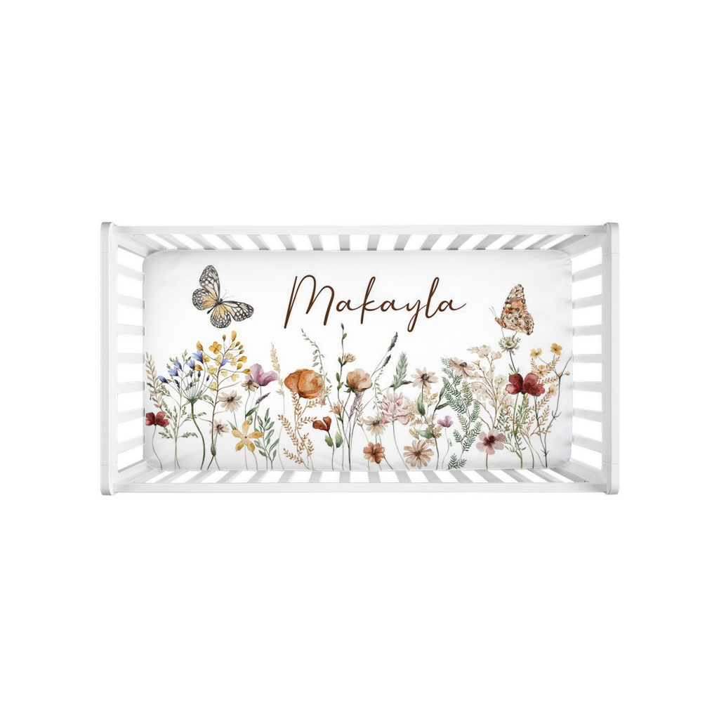 Wildflores Personalized Crib Sheet, Vintage floral Nursery Bedding - Butterfly garden