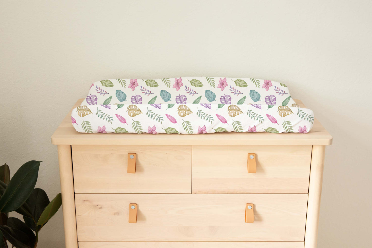 Tropical leaves changing pad cover, Girl tropical nursery decor - Pink Jurassic