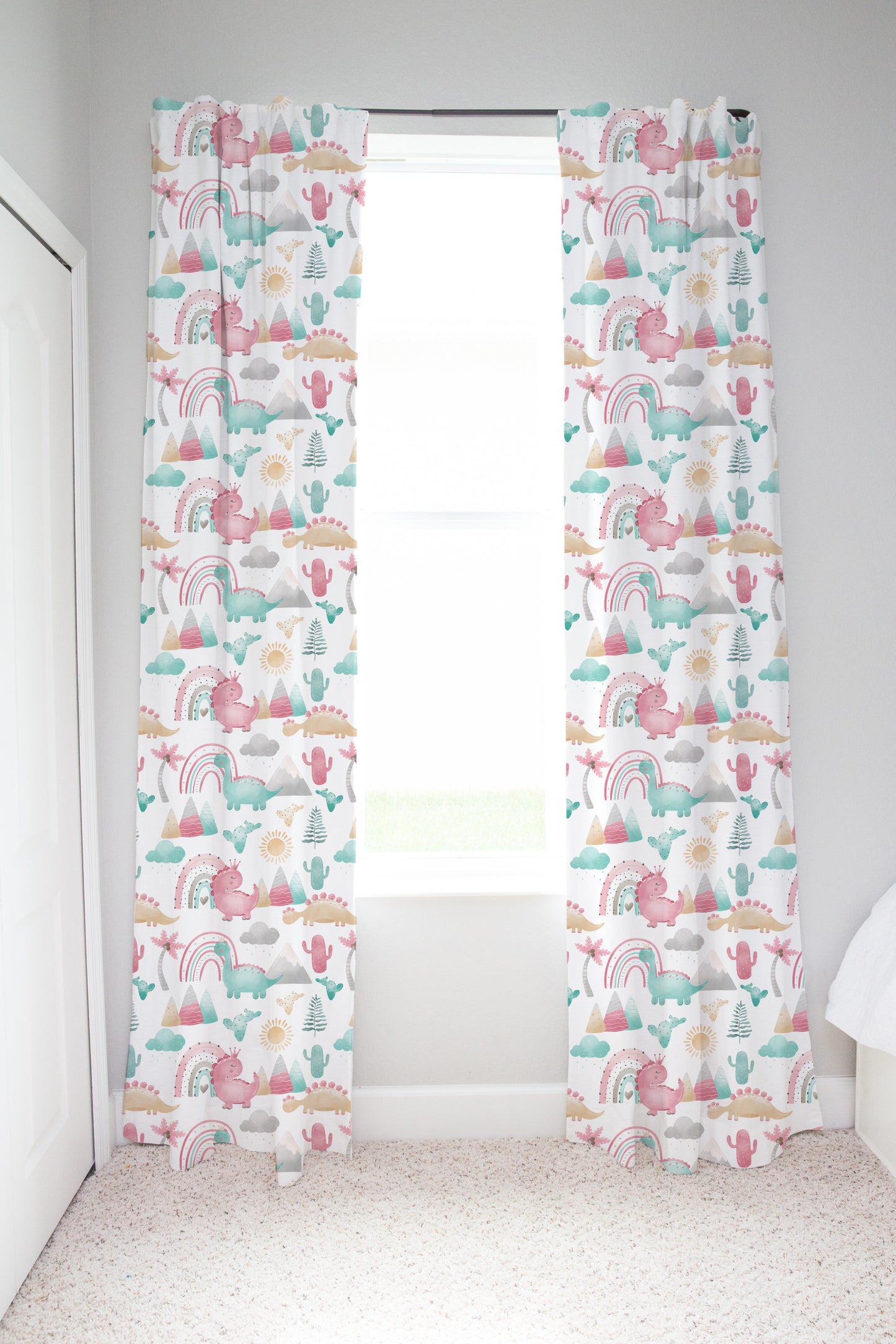 Pink dinosaur Curtain, Single Panel, Girl dinosaur nursery decor - Pink dinosaur