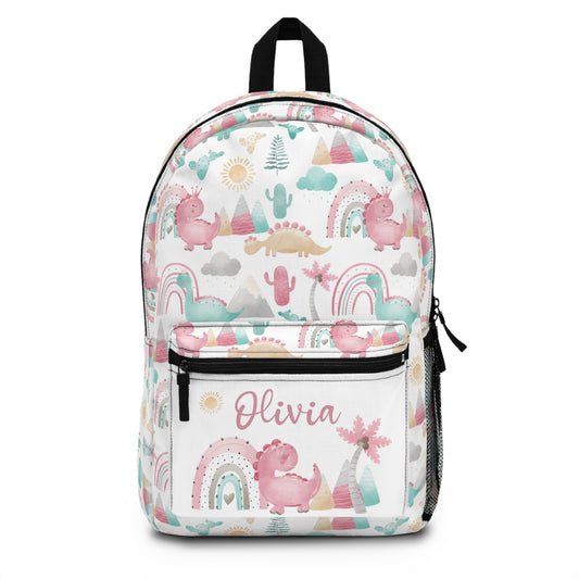 Personalized name Dinosaur Backpack, Girls Back To School Bag - Pink Dinosaur